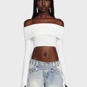 Off-Shoulder White Long-Sleeve Crop Top